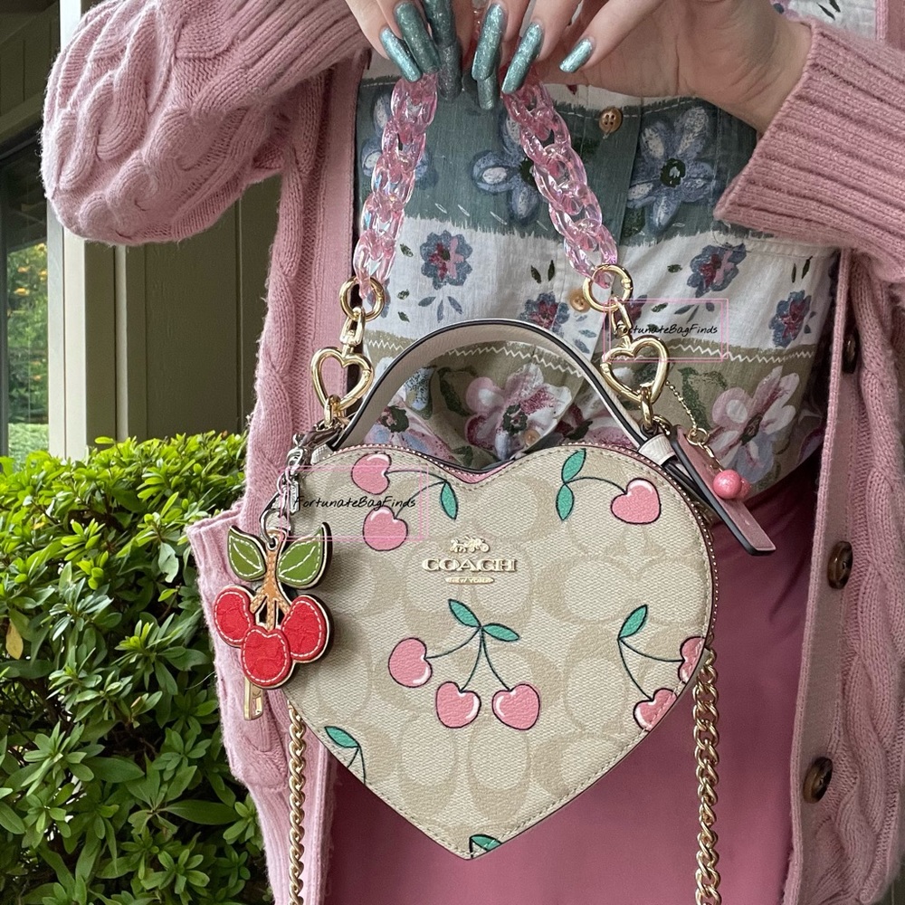 Coach Set Heart Cherry Print Heart Crossbody Triple Jacquard Cherry Charm Chain - Picture 4 of 15